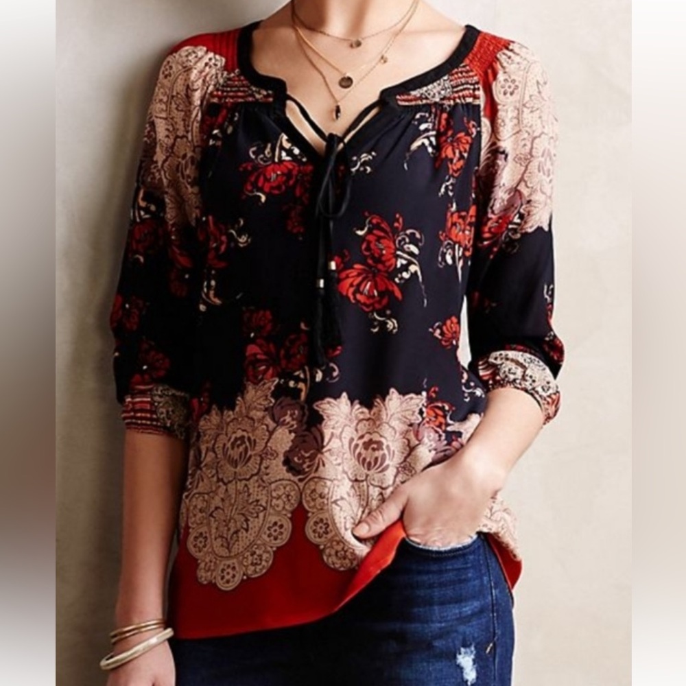 Anthropologie x Meadow Rue | Blue Orange Silk Blossom Blouse Women's XSP